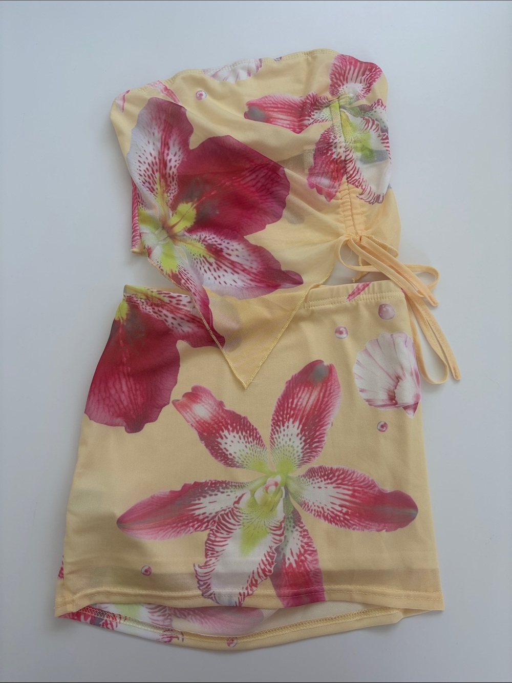 SHEIN Yellow Floral Two Piece Skirt Set | Strapless Crop Top | Vacation Summer